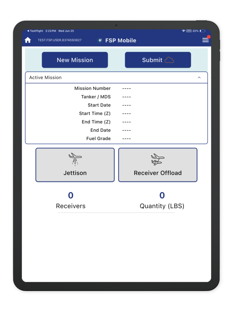 FSP Mobile active mission screen on an iPad, listing mission number, tanker MDS, start and end times and fuel grade, with Jettison and Receiver Offload actions