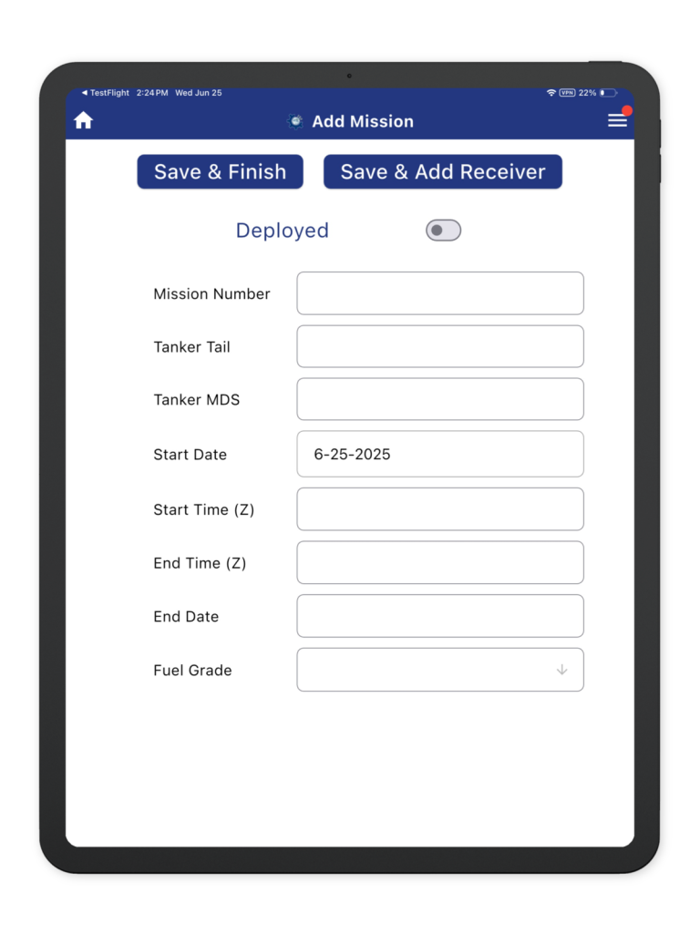 FSP Mobile Add Mission form on an iPad, with fields for mission number, tanker tail, tanker MDS, start and end times and fuel grade