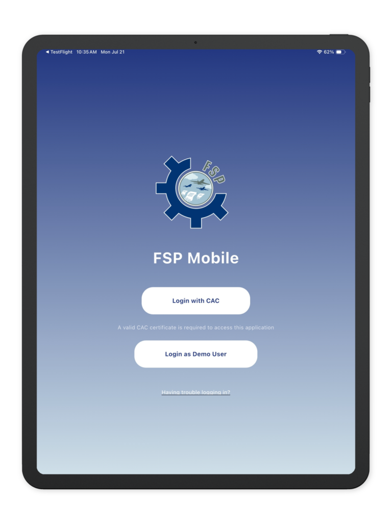 FSP Mobile sign-in screen on an iPad, offering Login with CAC or Login as Demo User