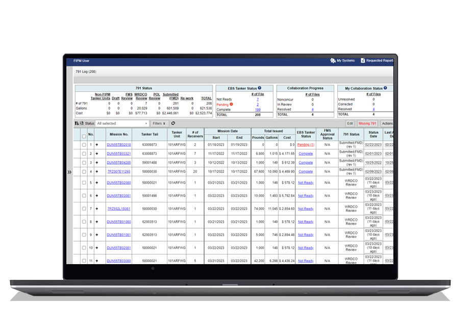 FIPM in-flight refueling transaction screen shown on a laptop