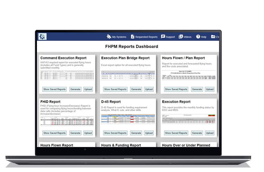 FHPM flying hour reports shown on a laptop